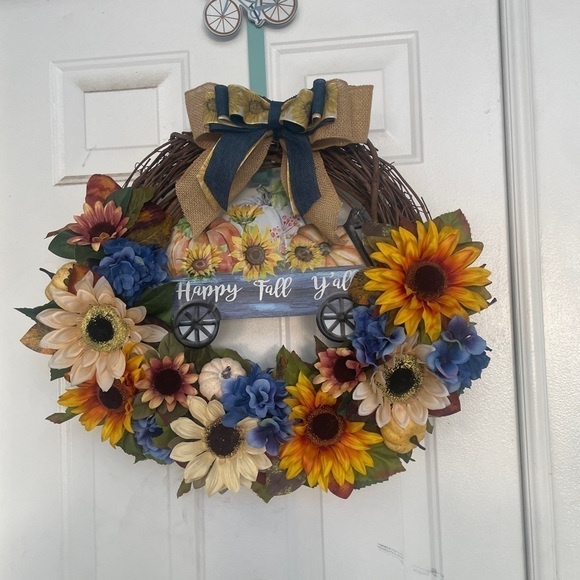 Handmade fall sunflower wreath sign says happy fall y’all 24” - Picture 9 of 13